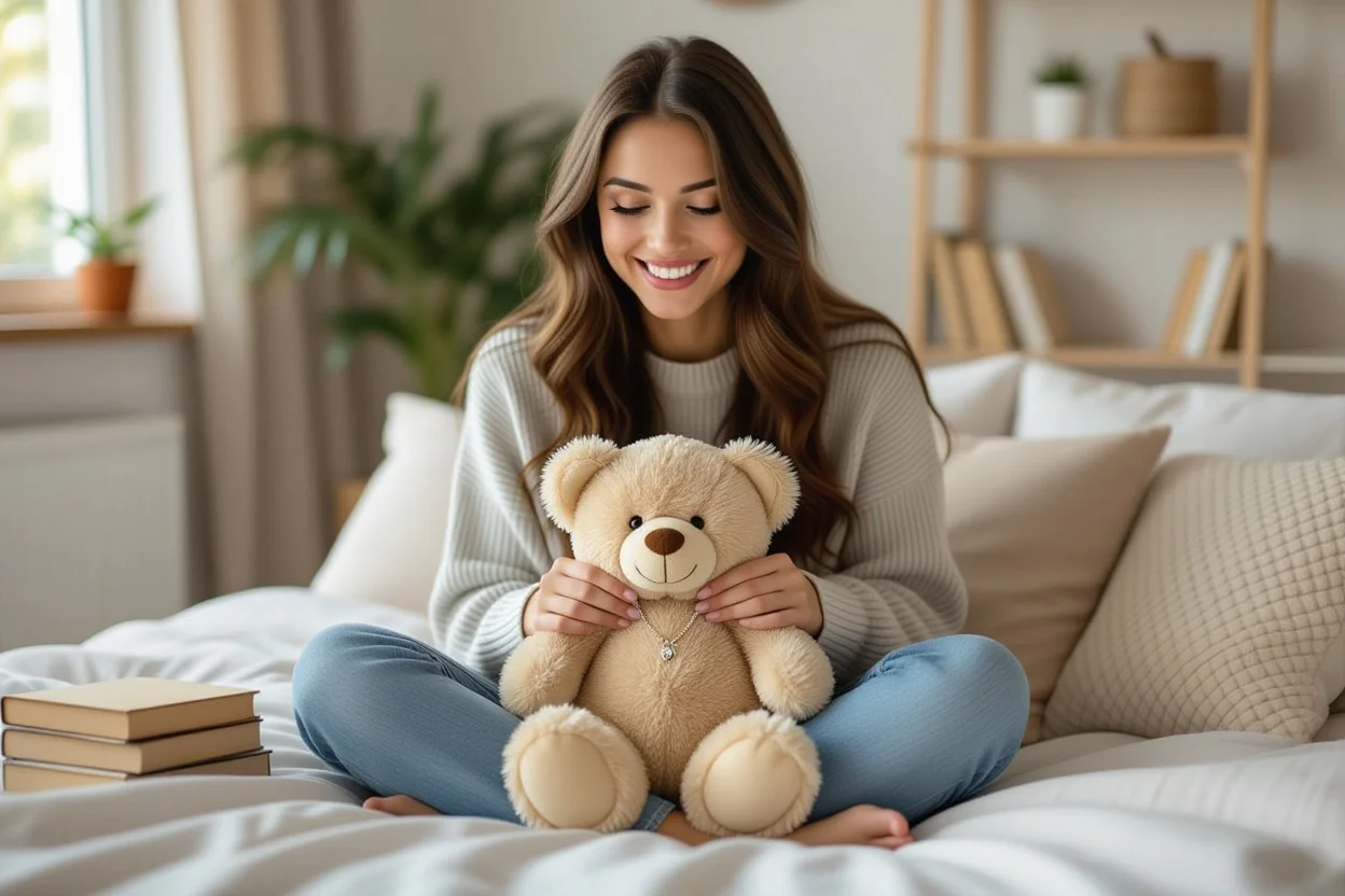 Woman discovering hidden necklace surprise gift in teddy bear everyday romantic moment