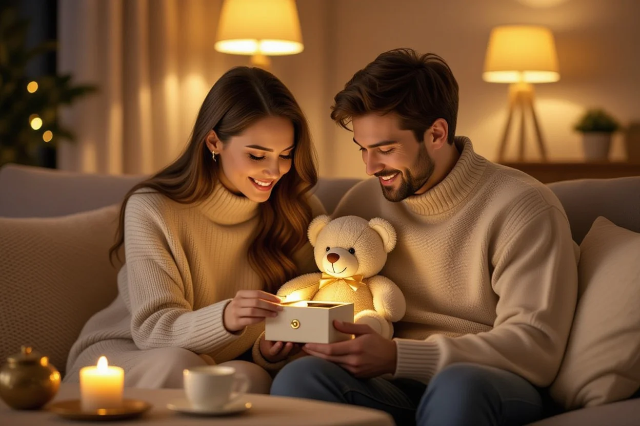 Romantic surprise teddy bear gift being opened in cozy living room setting
