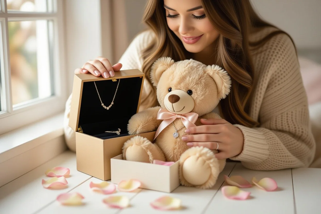 Woman discovering hidden necklace surprise inside teddy bear romantic gift