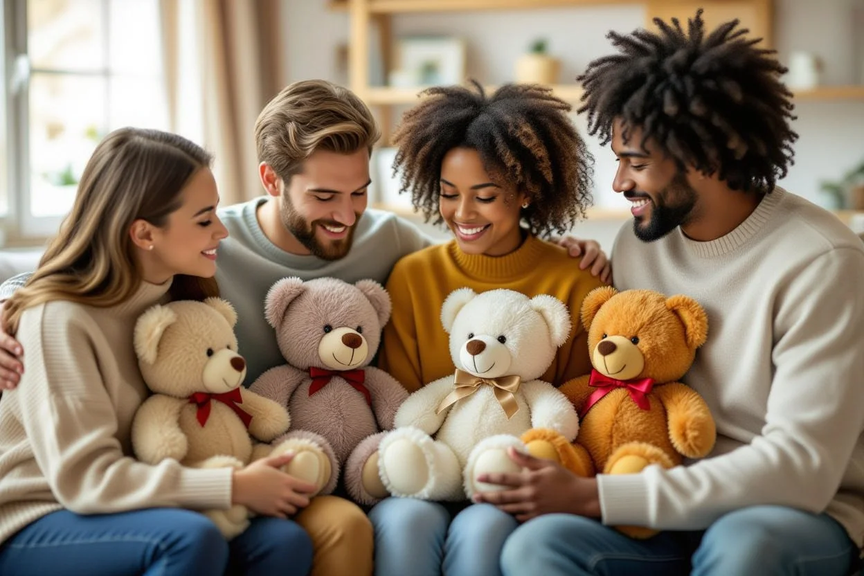 Diverse group showing teddy bears as appreciation gifts for family friends and colleagues