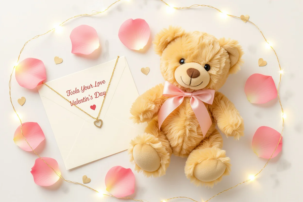 Romantic gift flat lay with teddy bear hidden necklace rose petals Valentine's Day