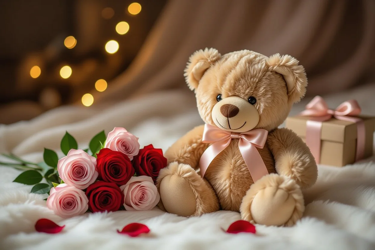 Mountova Pro Teddy Bear with preserved roses romantic gift for her