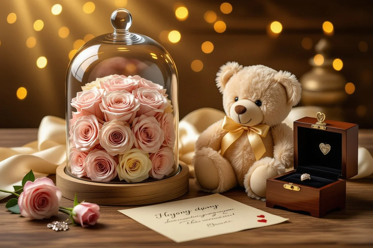 Romantic apology gifts including preserved roses, teddy bear, and jewelry for girlfriend